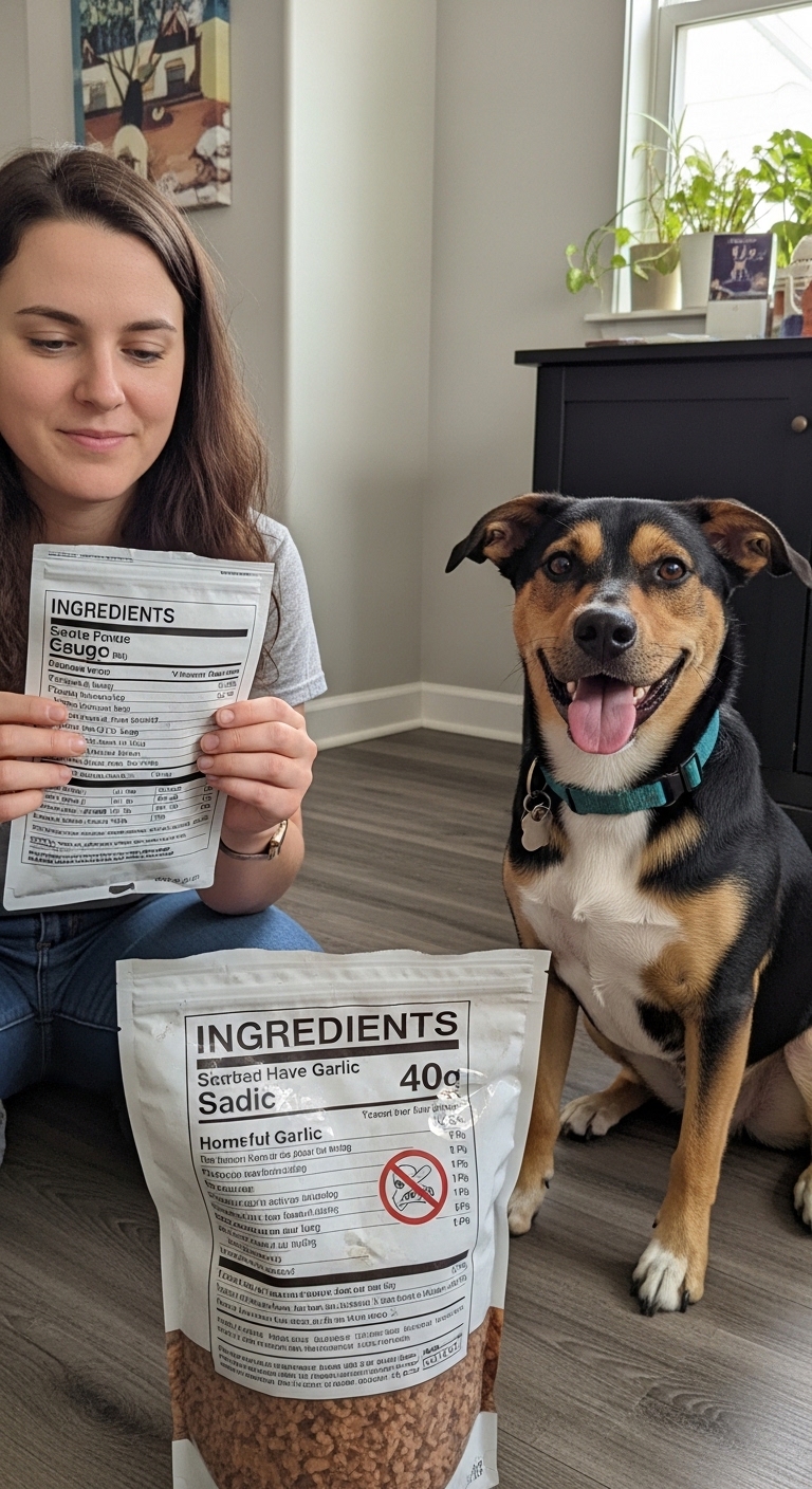 A woman holding a bag of garlic next to a dog.