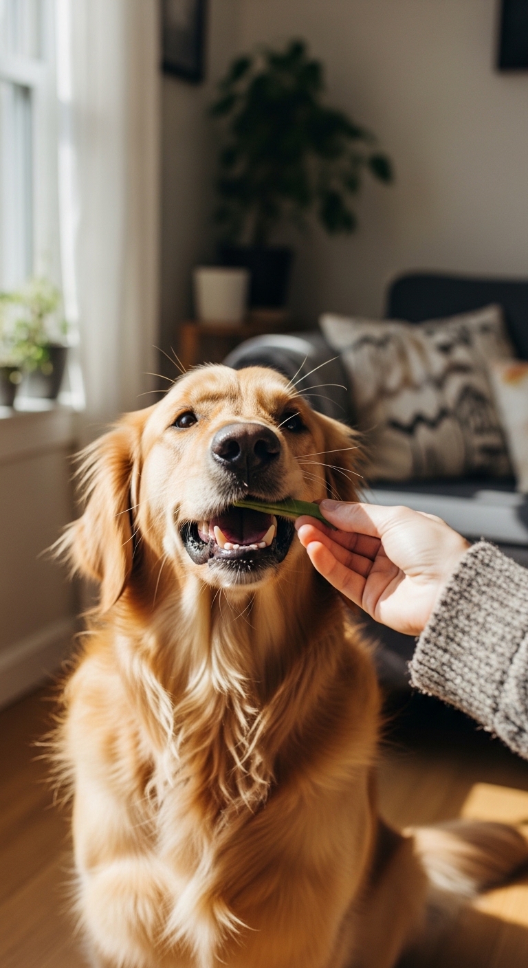 A dog eating a green bean.