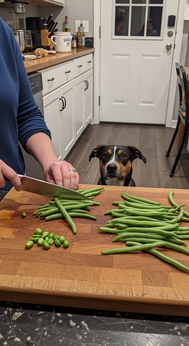 A dog looks on as a person cuts green beans.