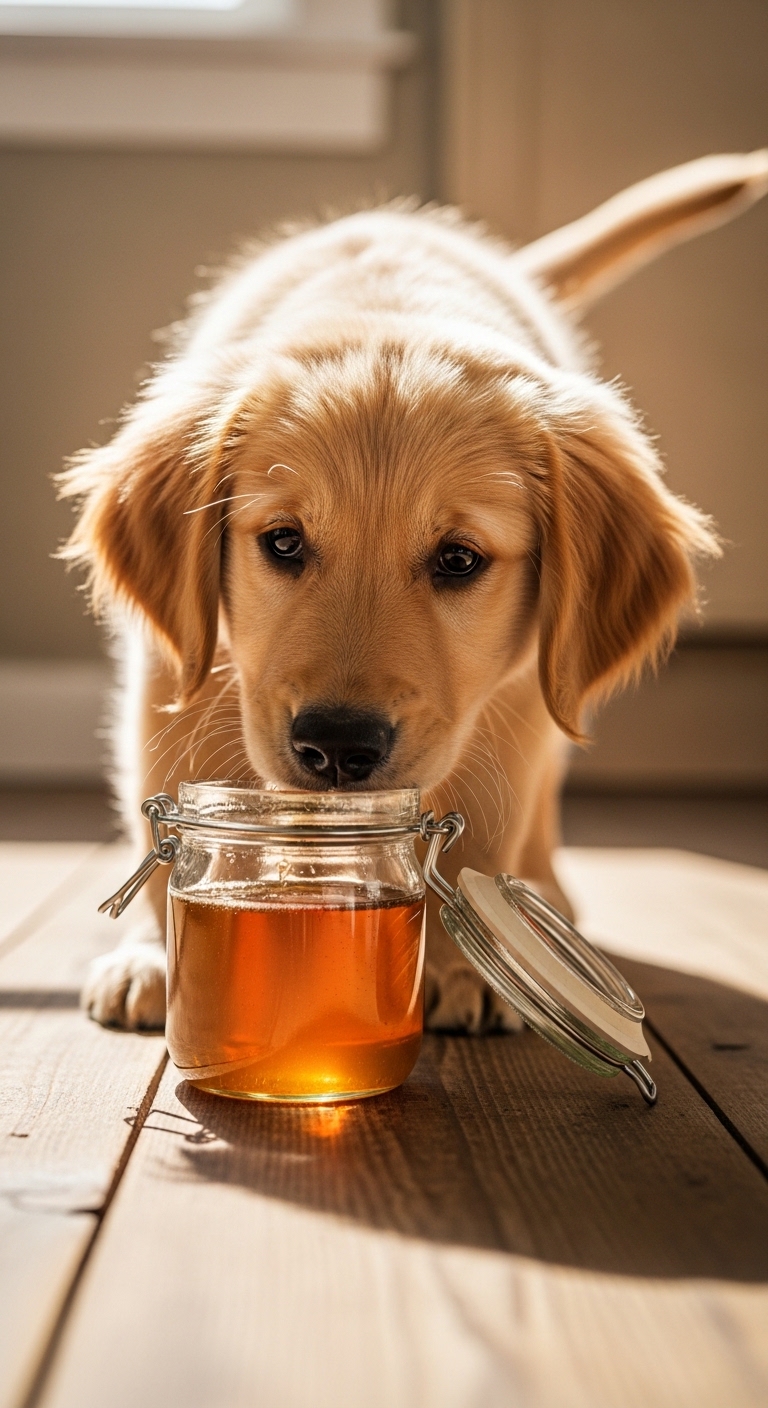 A dog is sniffing a jar of honey.