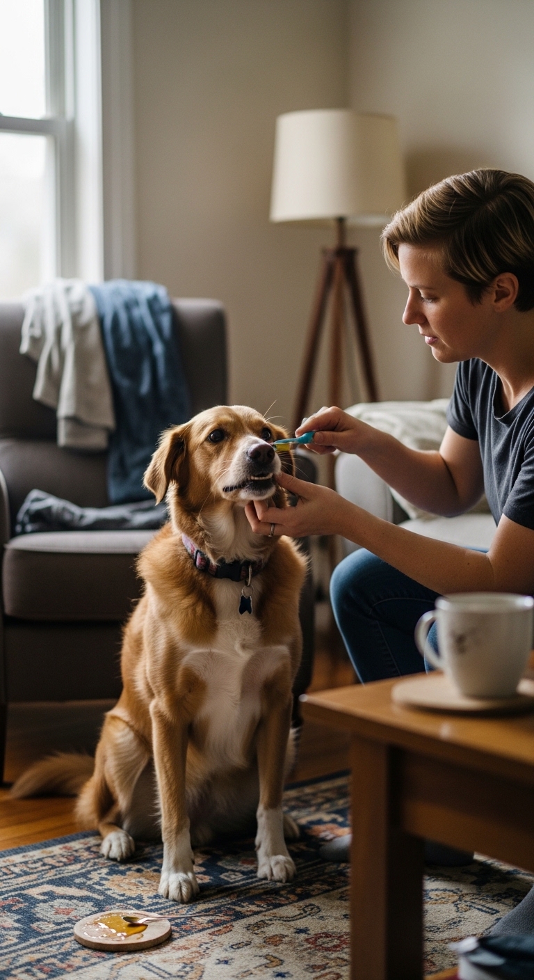 A woman brushes her dog's teeth with a toothbrush.