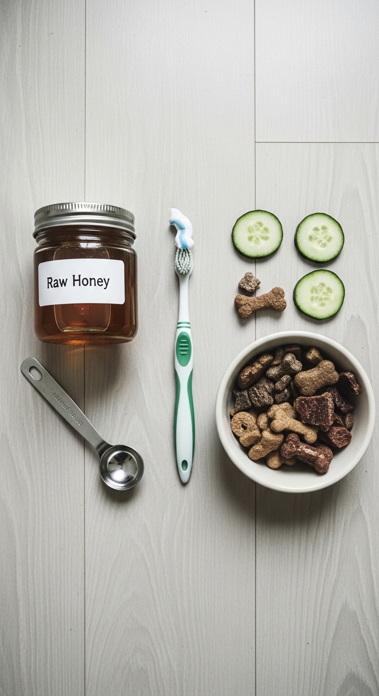 A jar of honey and a toothbrush.