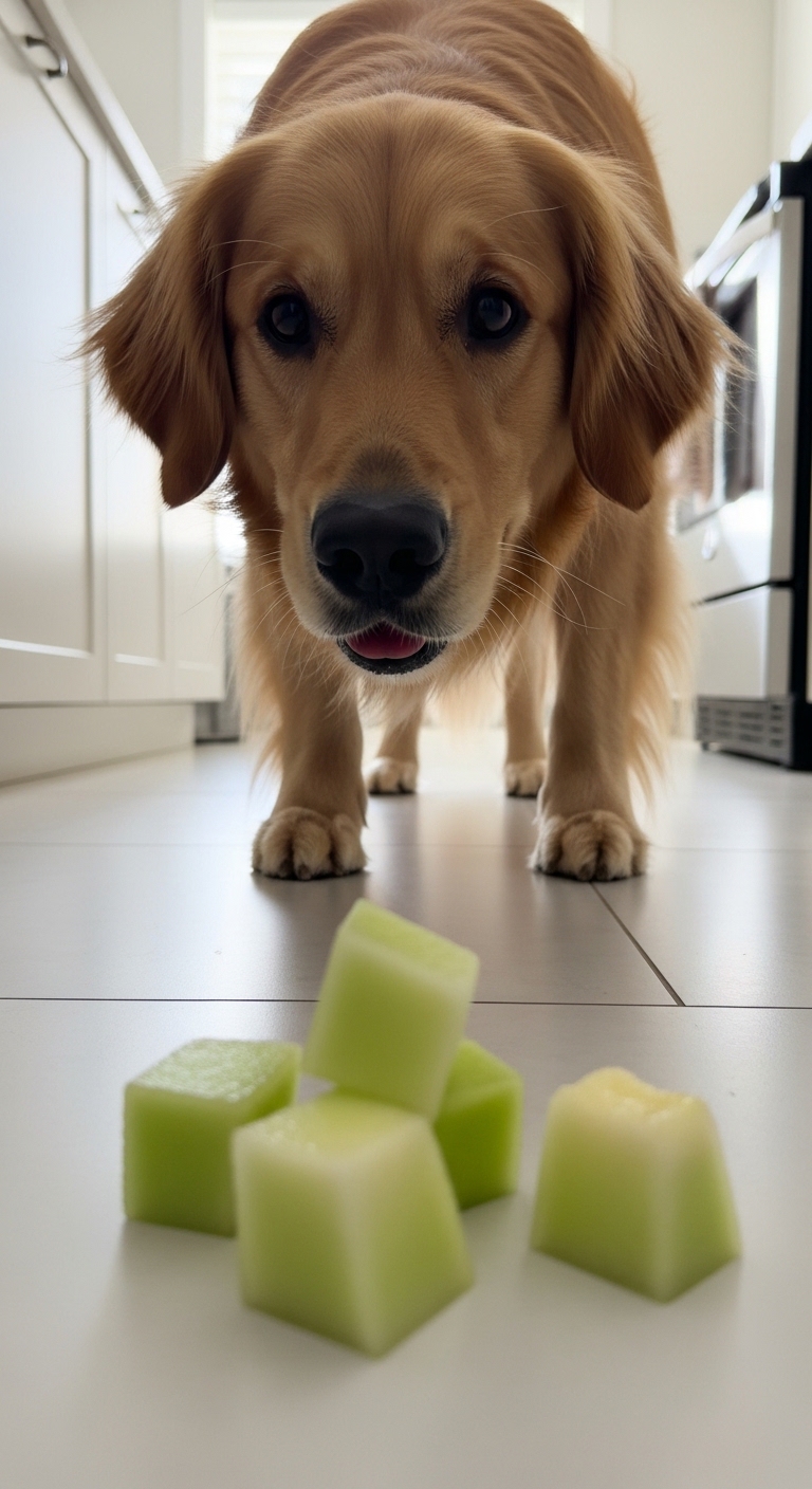 A dog is sniffing a piece of honeydew.