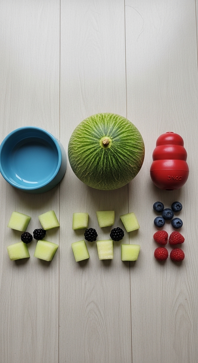 A bowl of fruit sits next to a melon.
