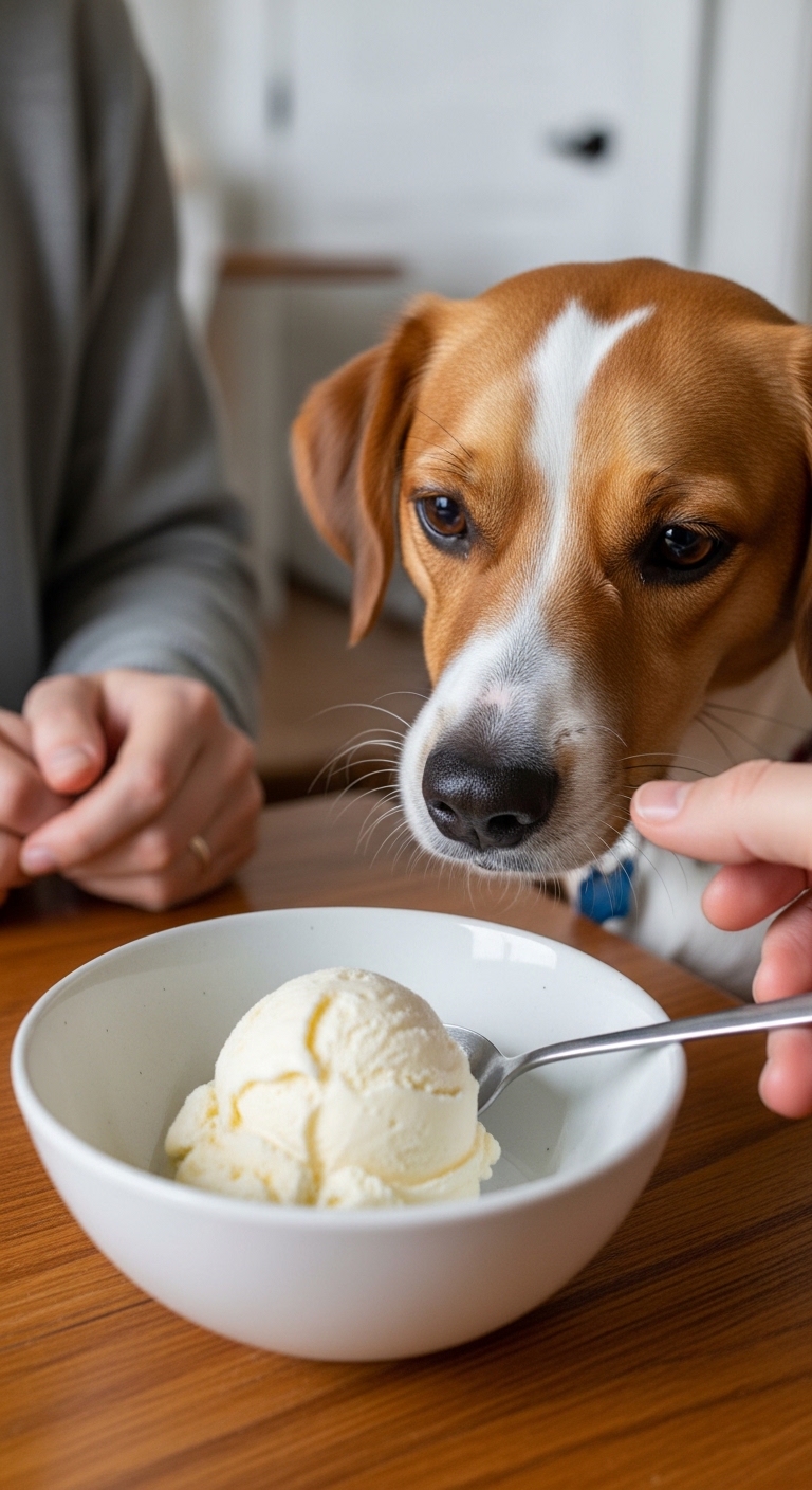 A dog eating ice cream from a bowl.