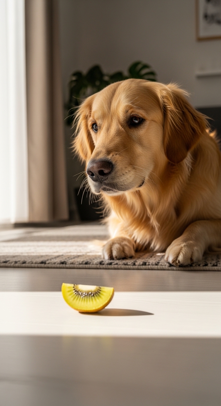 A dog is looking at a kiwi.
