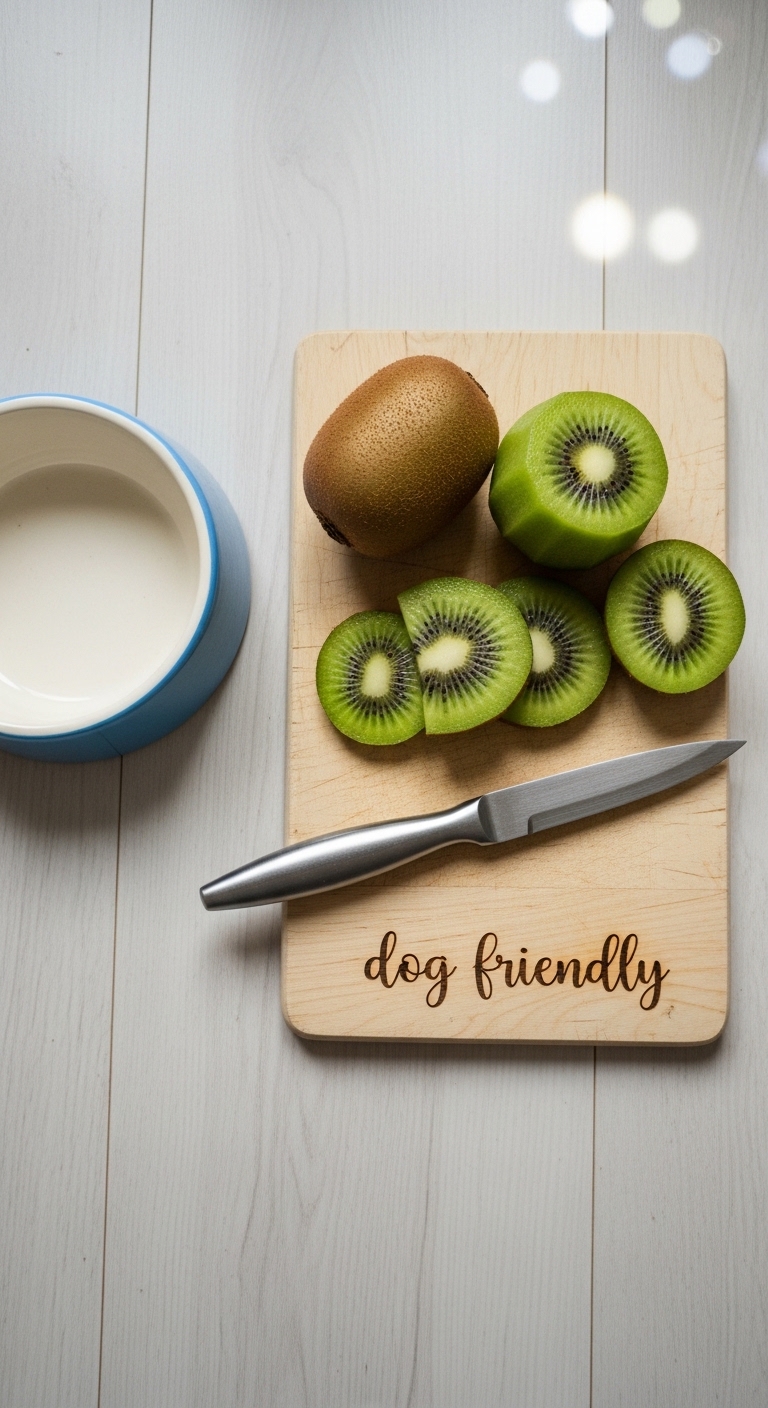 A knife and a kiwi on a cutting board.