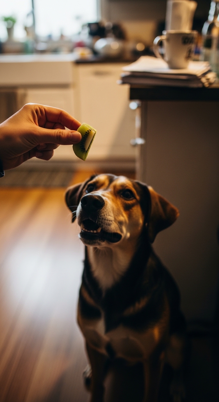 A dog is eating a kiwi.