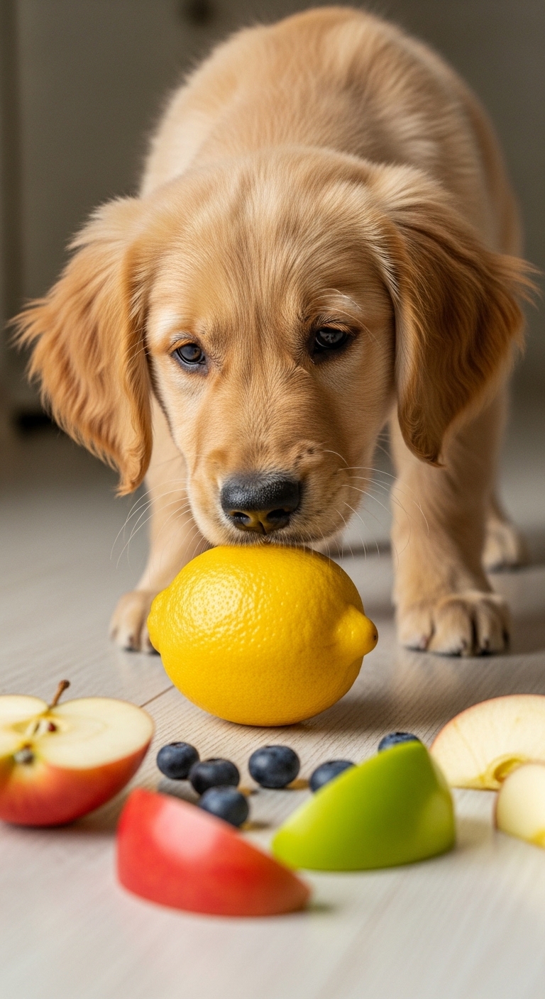 A dog is eating a lemon.
