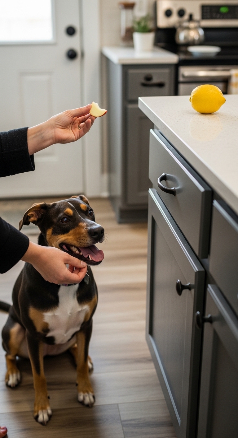 A dog is eating a lemon.