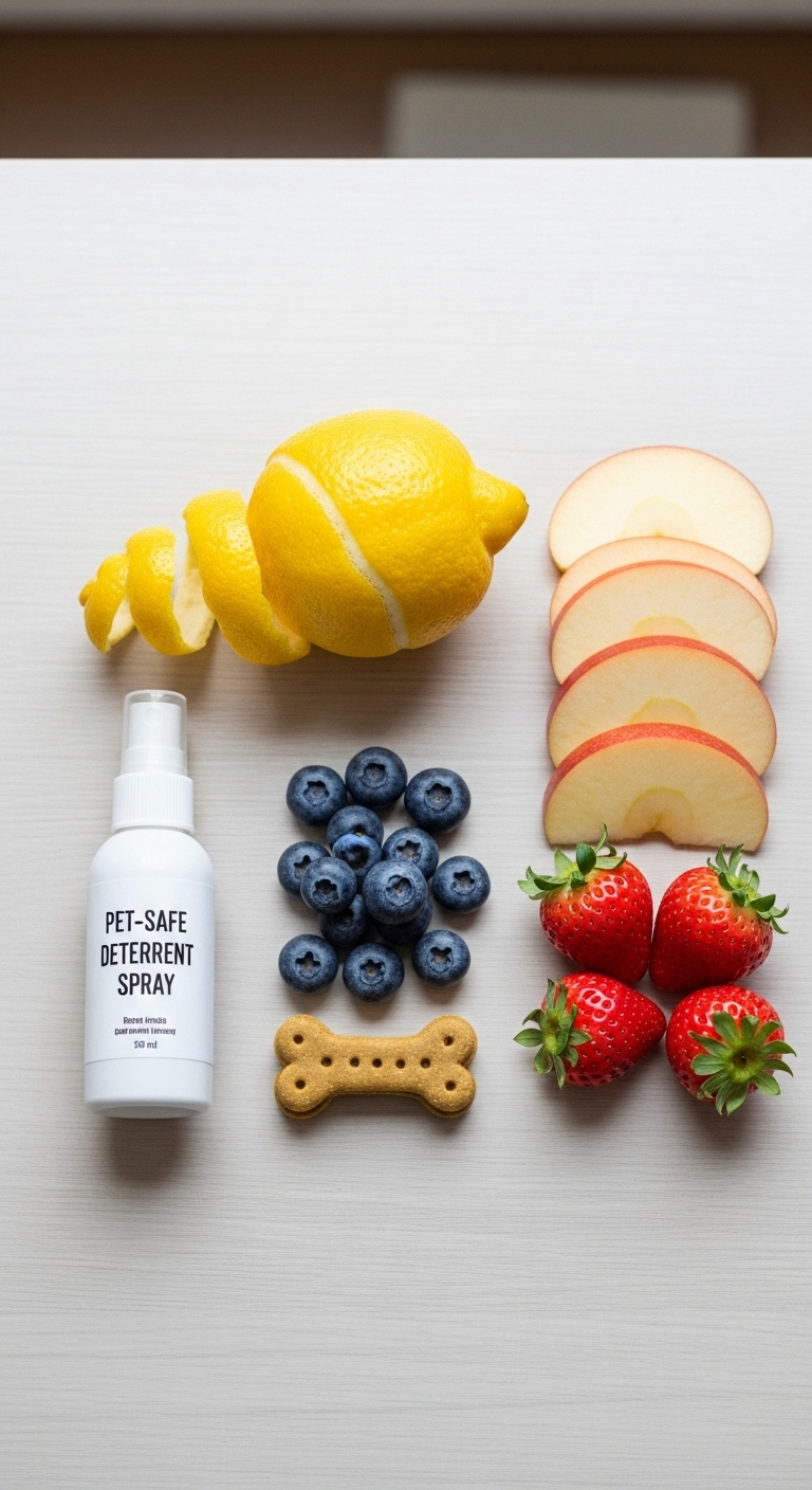A bottle of pet safe detention spray is next to a bowl of blueberries.