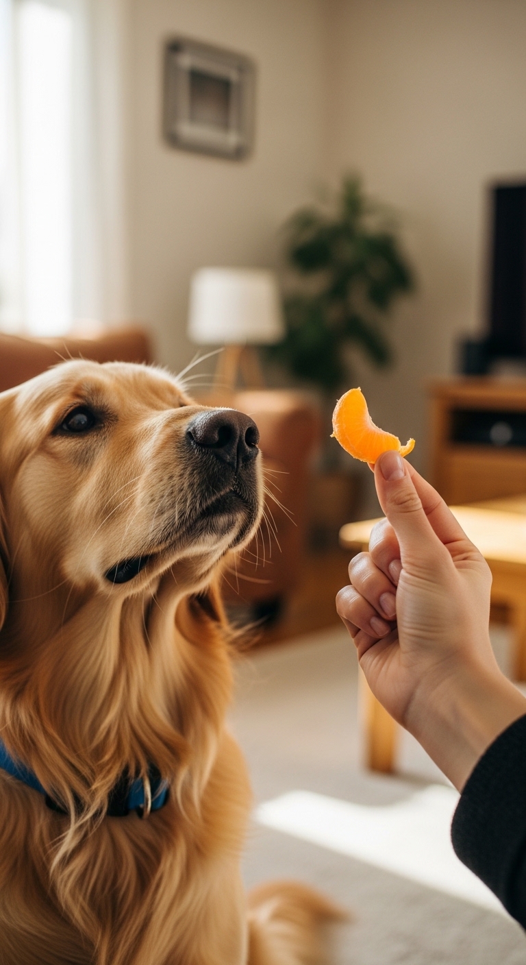 A dog is eating a mandarin orange.