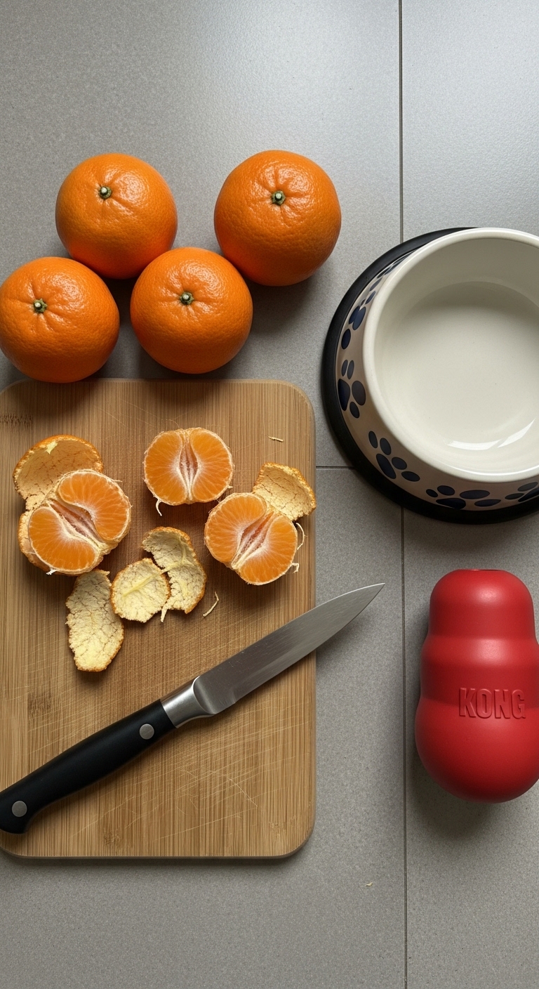 A knife and a bowl of oranges on a cutting board.