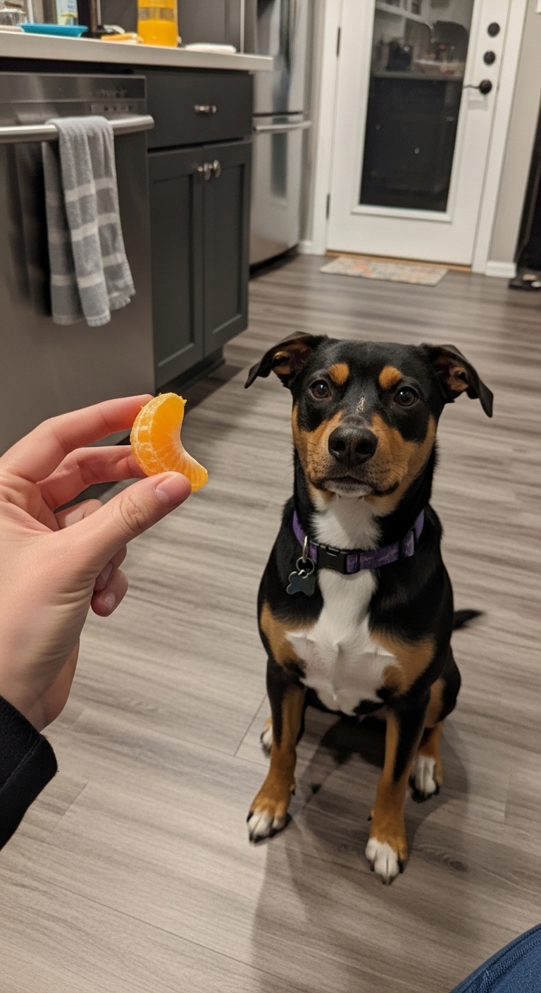 A dog is looking at a slice of orange.
