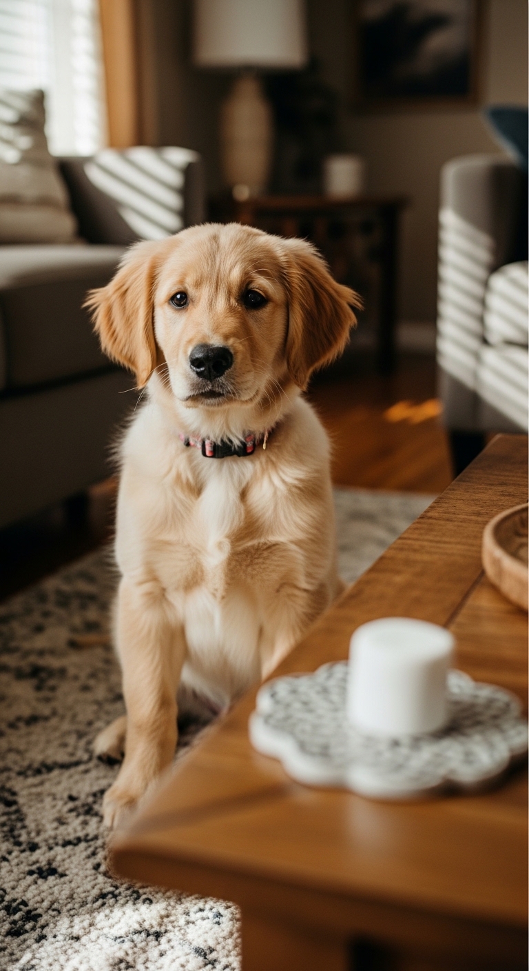 A dog sitting on a table with a marshmallow.