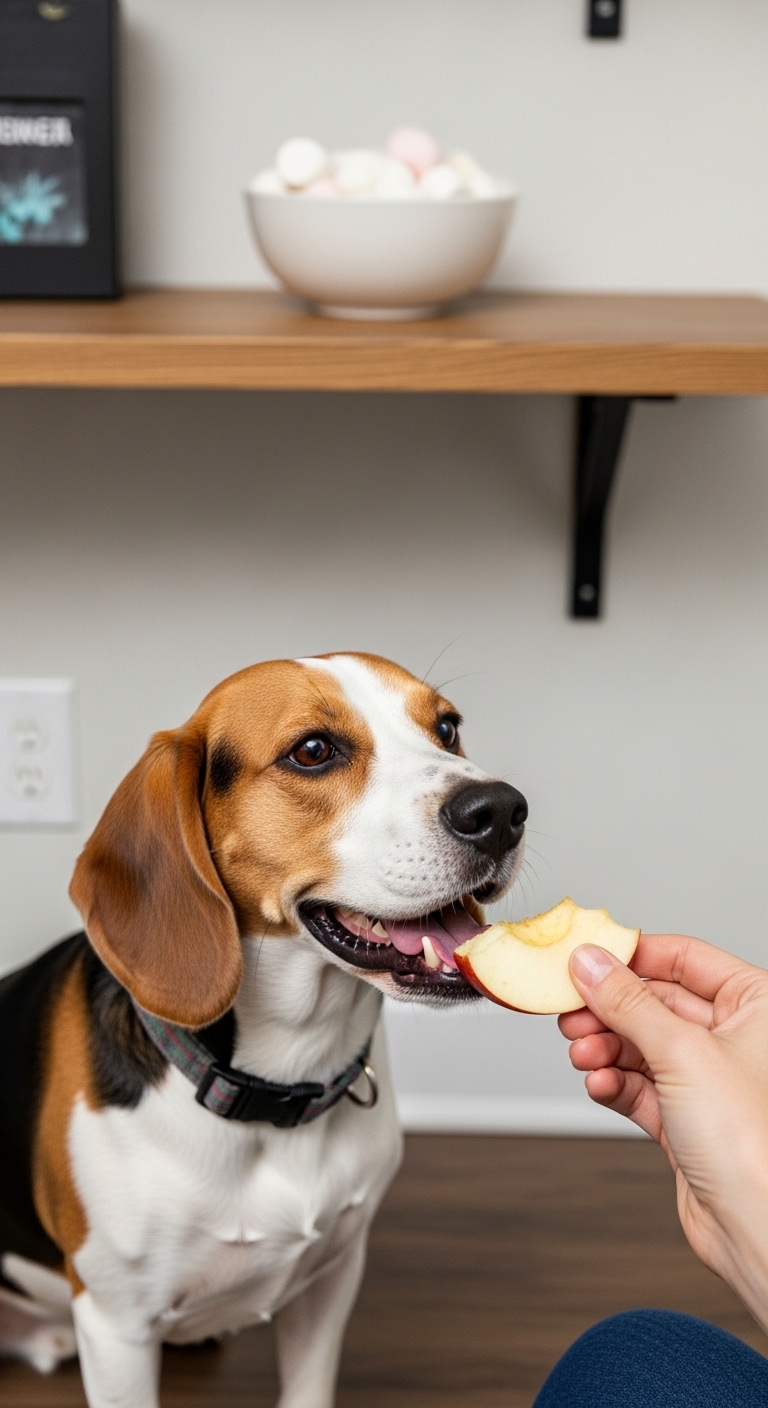 A dog eating an apple.