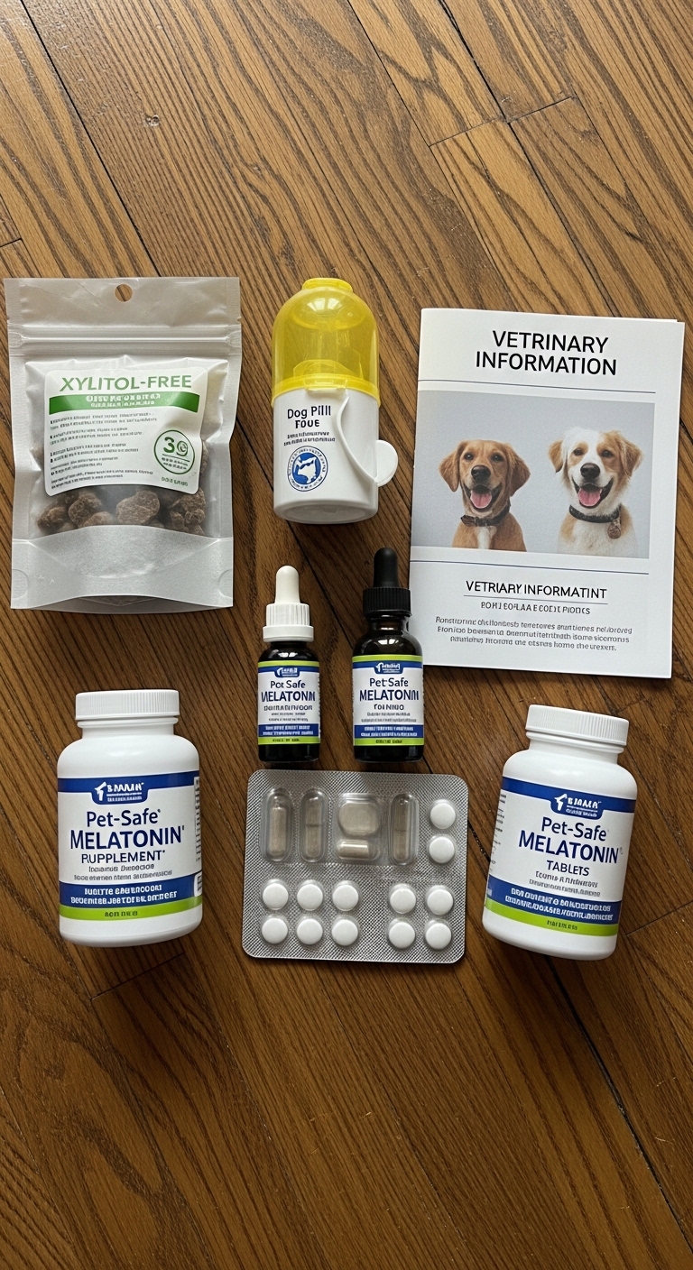 A variety of pet care products are displayed on a table, including a bottle of melatonin.