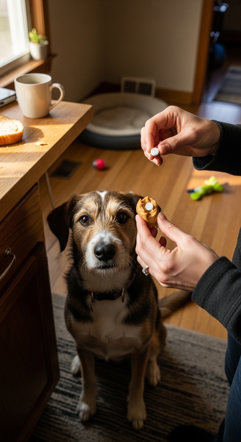A dog is being given a pill by a person.