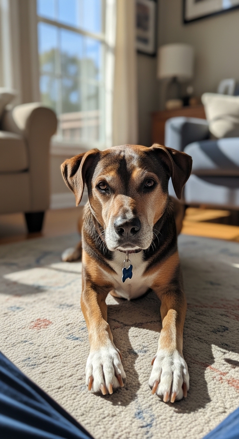 A dog is laying on a rug.