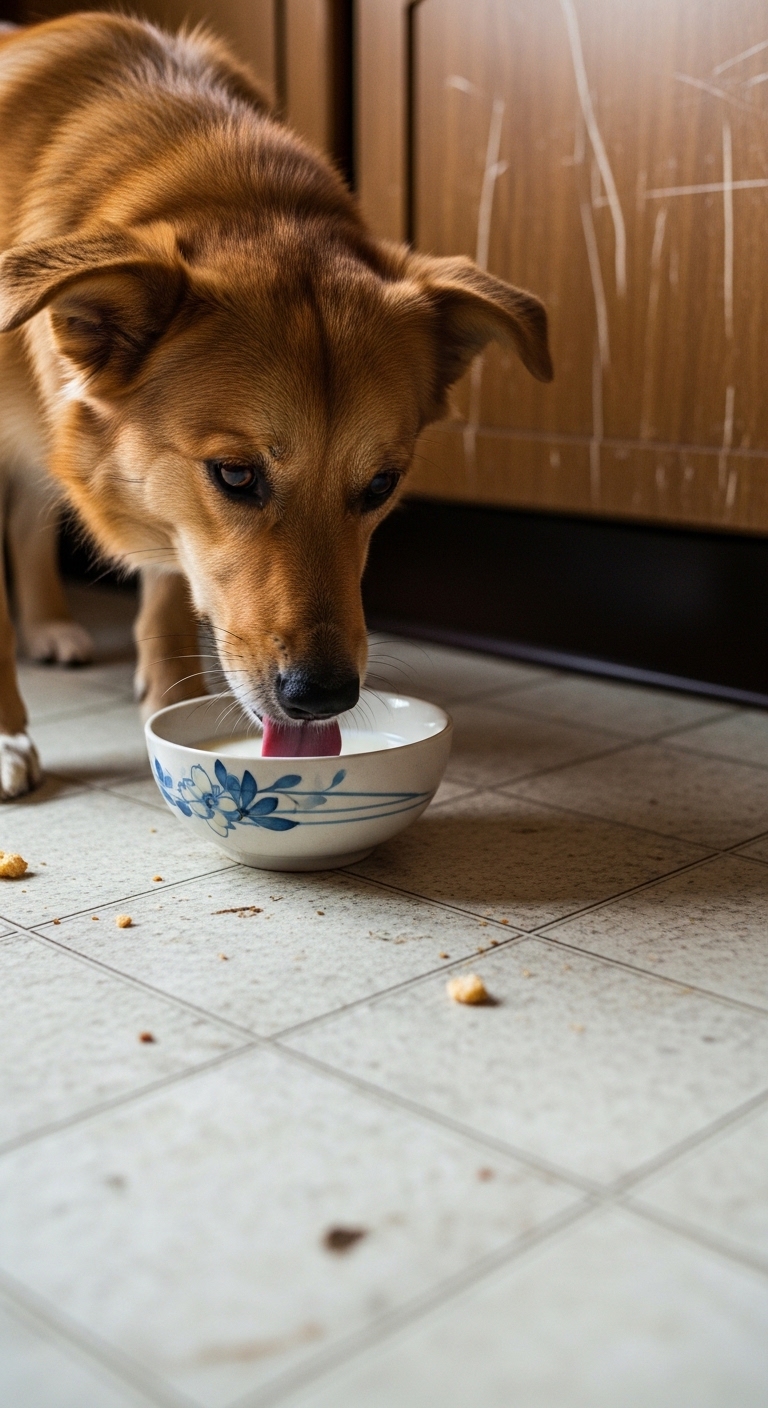 A dog licking a bowl of milk.