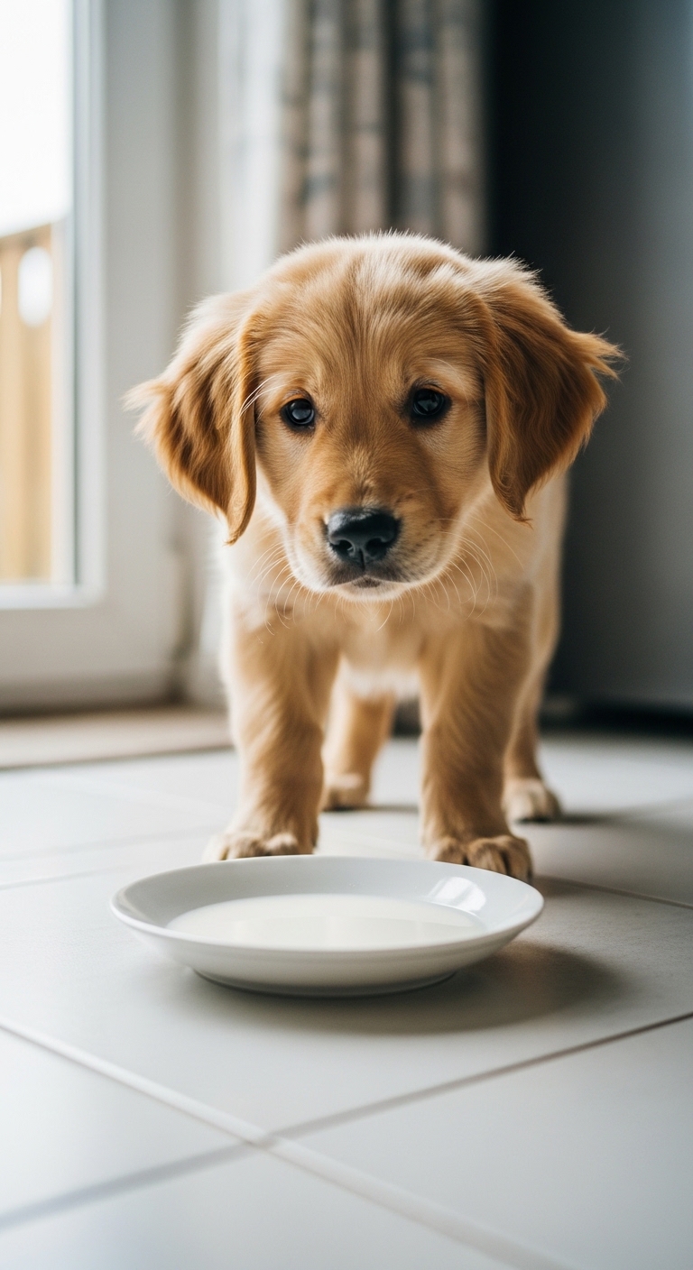 A dog is eating from a bowl of milk.