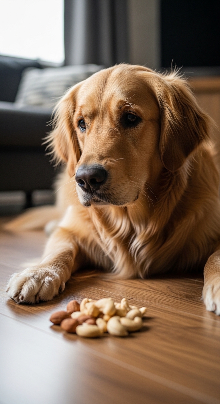 A dog is laying on the floor with a nut in front of it.