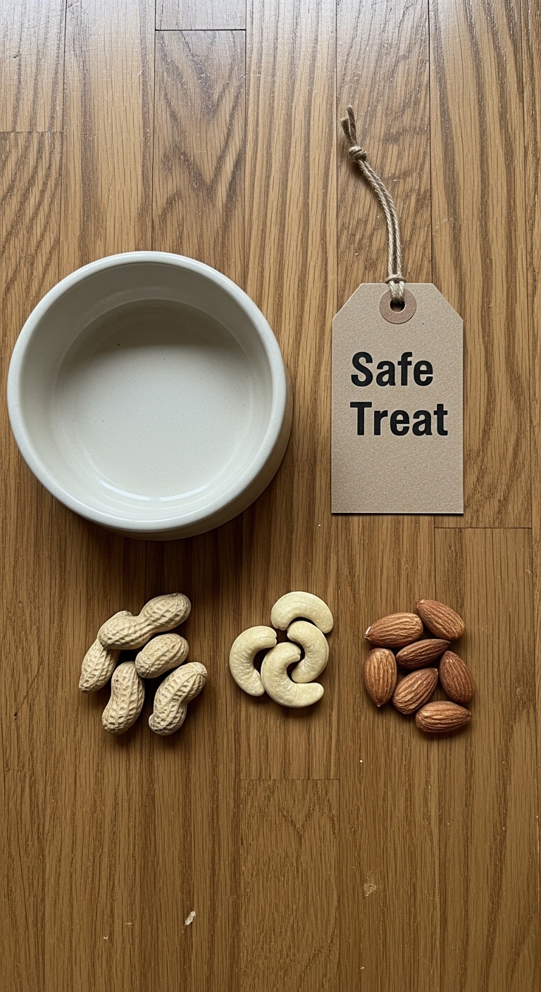A bowl of nuts and a tag that says safe treat.