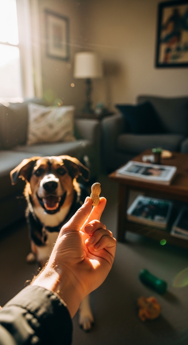 A dog is holding a peanut in its mouth.