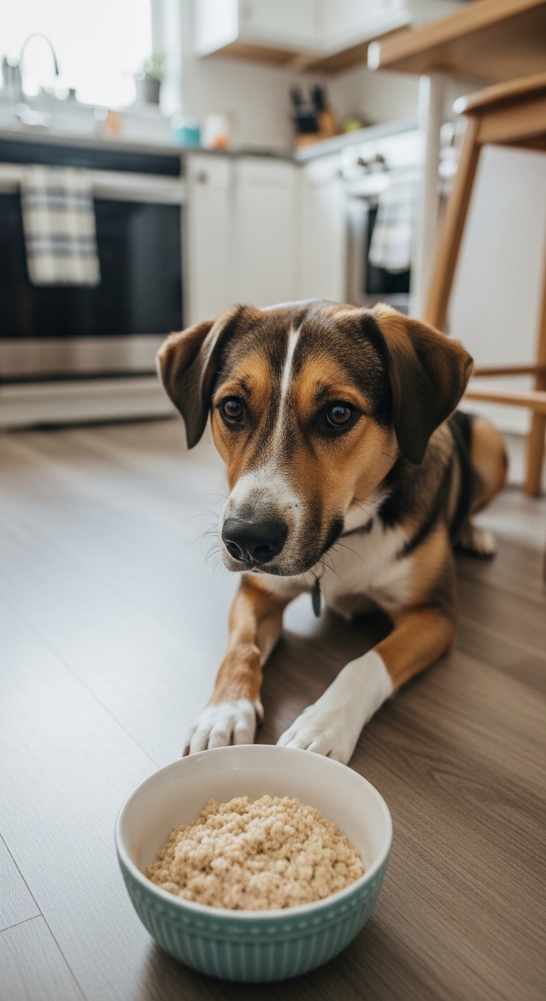 A dog is sitting on the floor with a bowl of oatmeal in front of it.