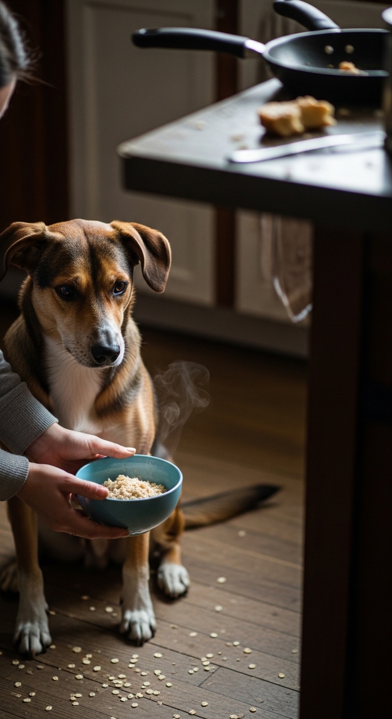 A dog is eating oatmeal from a bowl.