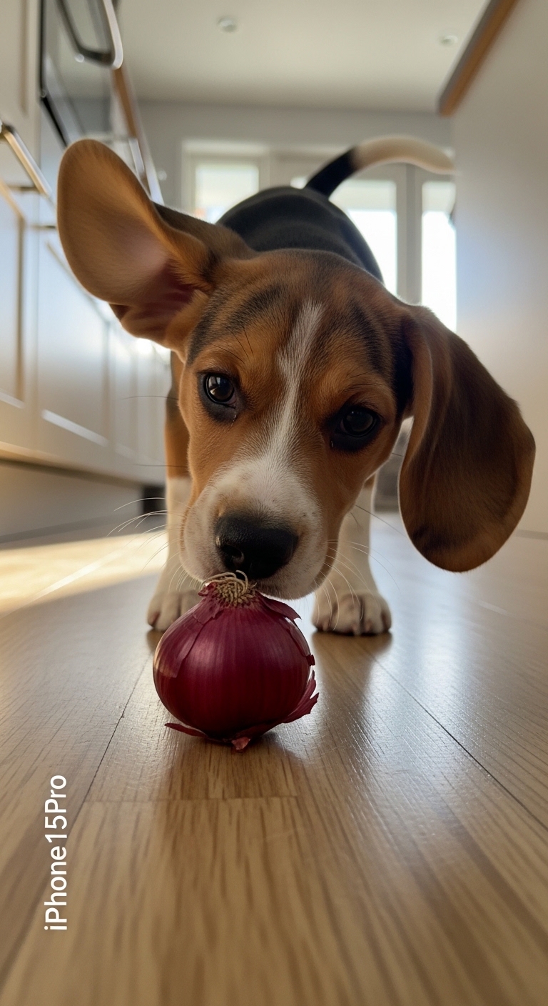 A dog is holding an onion in its mouth.