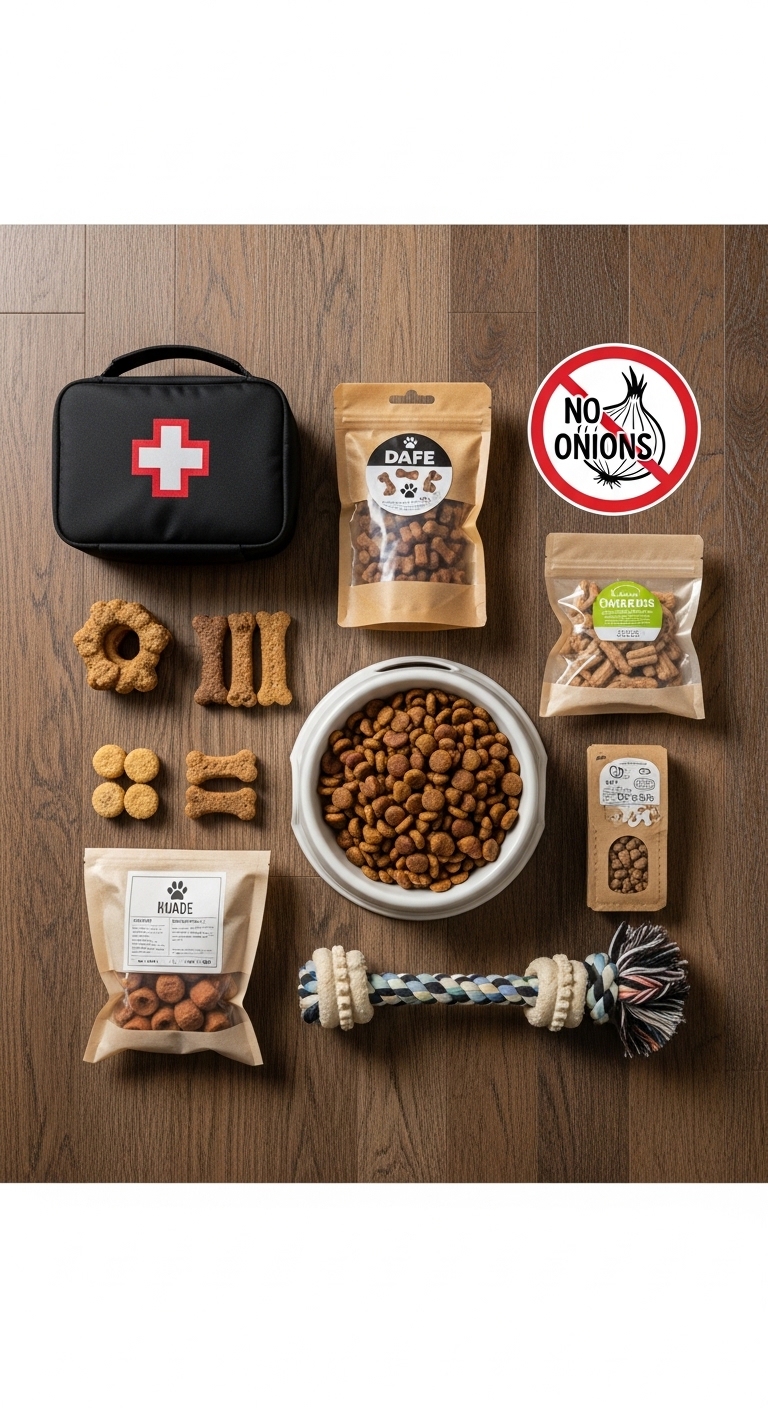 A collection of dog food and treats, including a bag of dog food and a bag of dog treats.