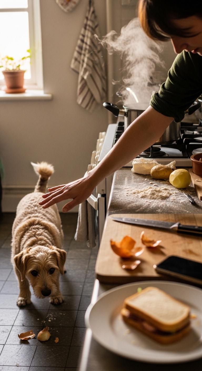 A dog is standing in front of a counter with a bowl of onions.
