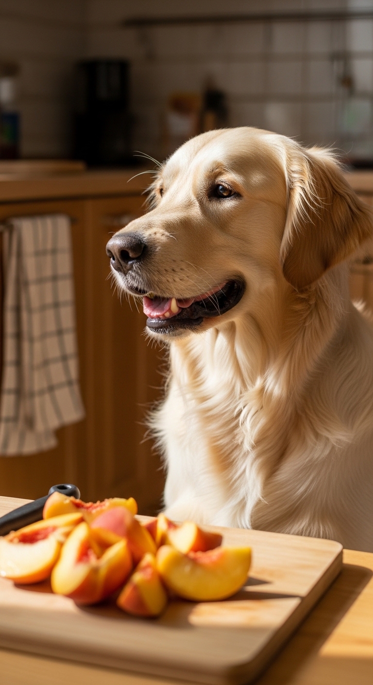 A dog is sitting at a table with peaches on it.