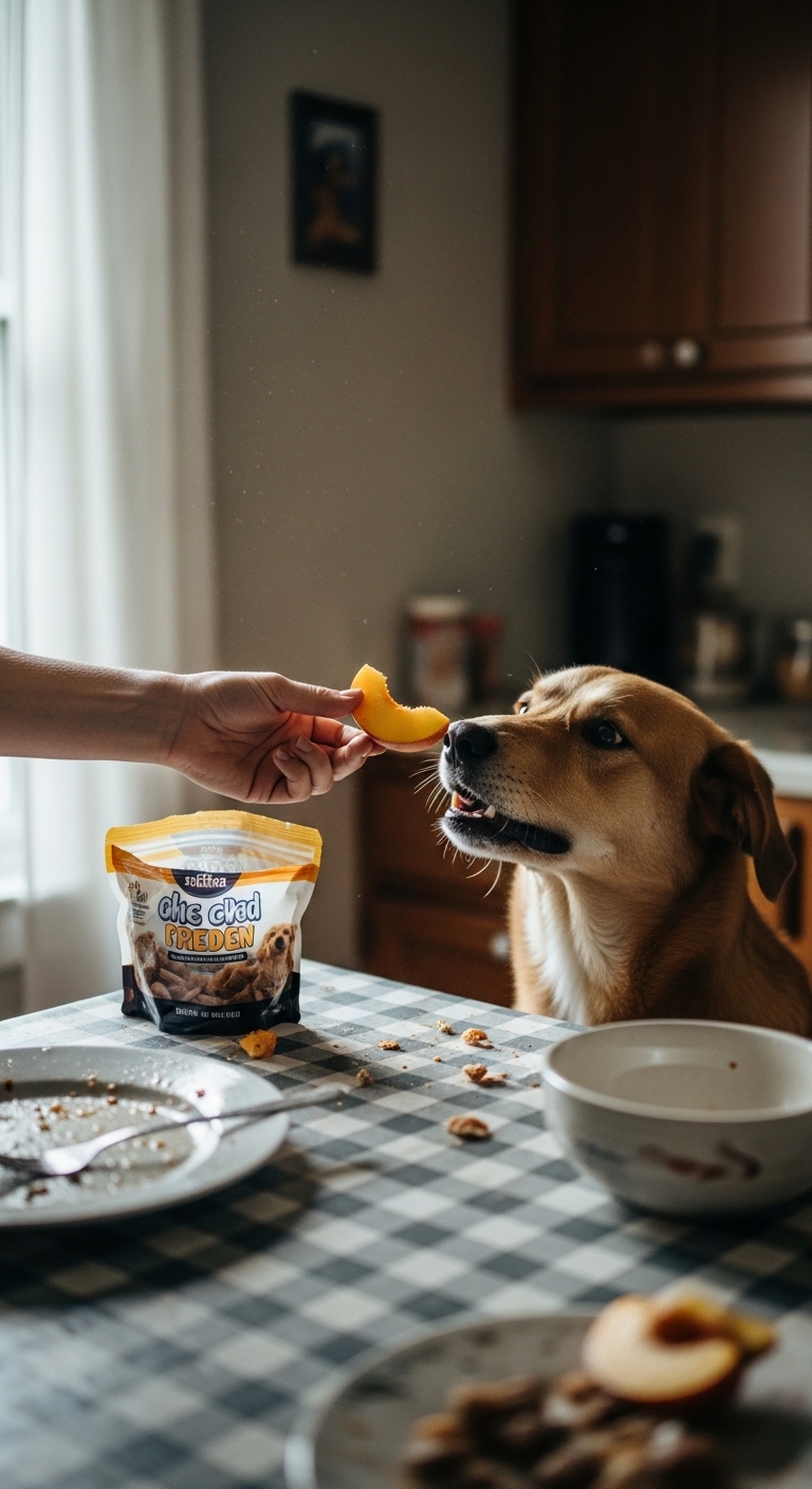A dog is eating a peach.