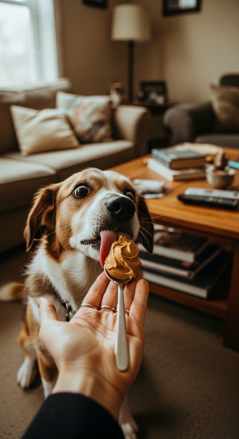 A dog licking a spoon with peanut butter on it.