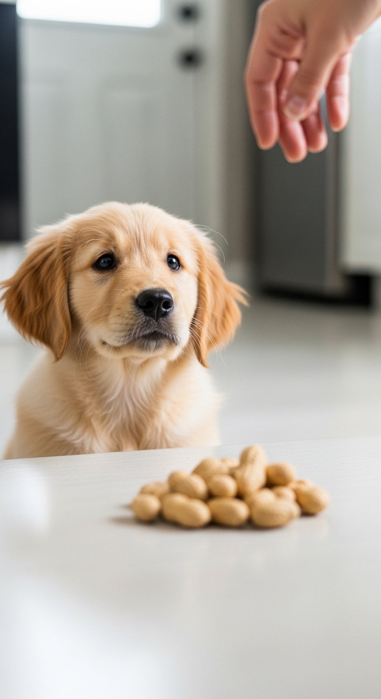 A dog is looking at a pile of peanuts.