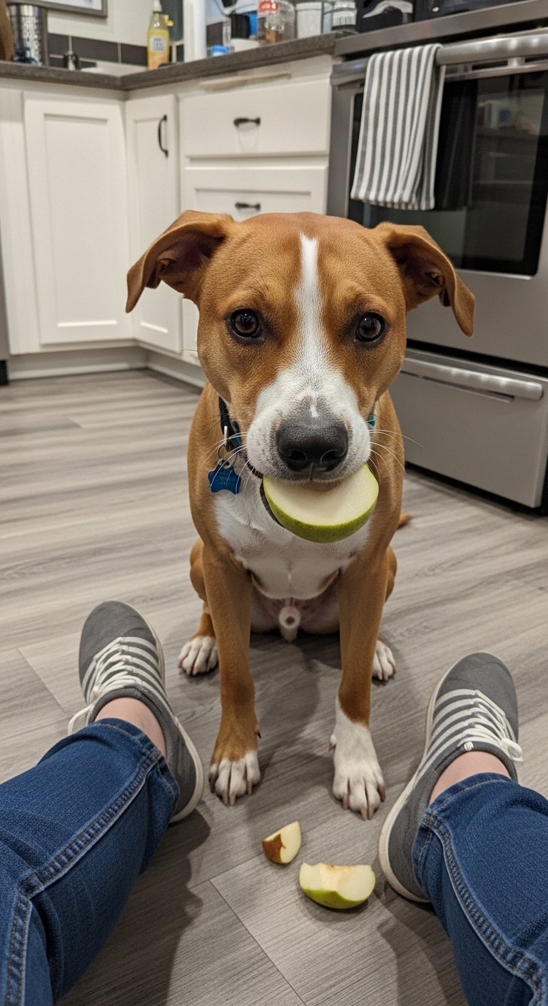 A dog holding a pear in its mouth.