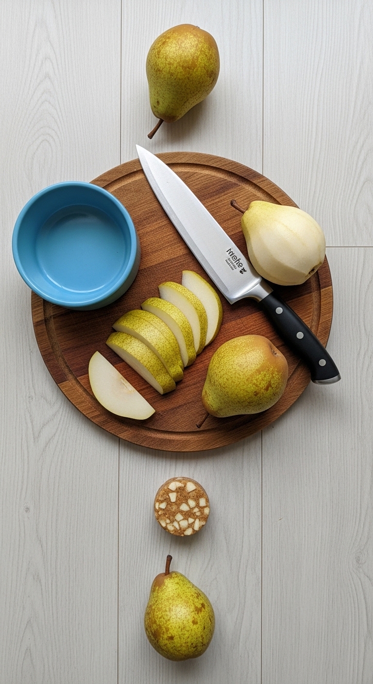 A knife and a pear on a cutting board.