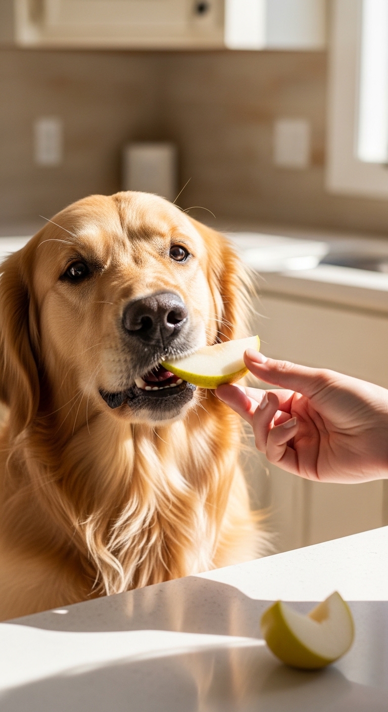 A dog eating a pear.