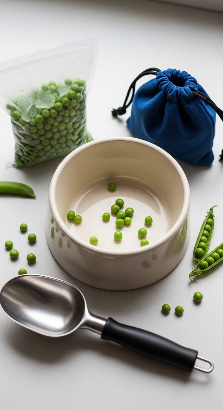 A bowl of peas with a spoon next to it.