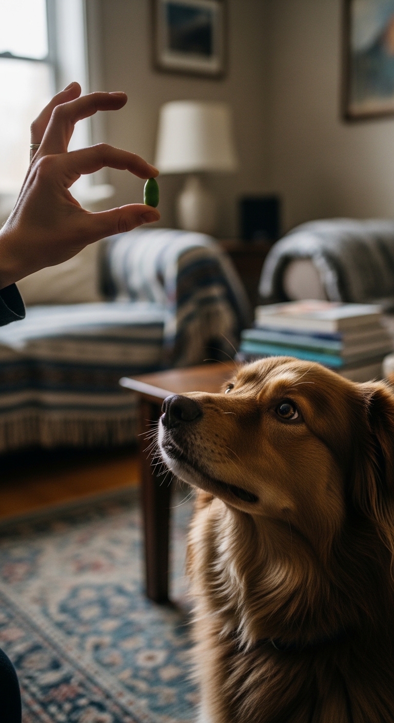 A dog is eating a pea from a person's hand.