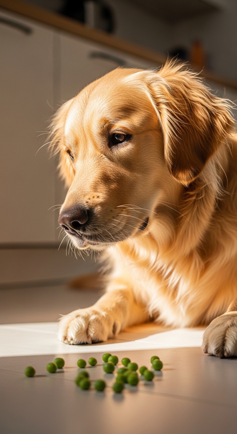 A dog with a pea in its mouth.