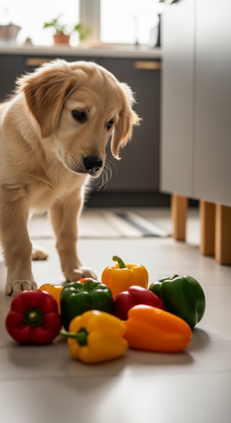 A dog sniffing a pepper.