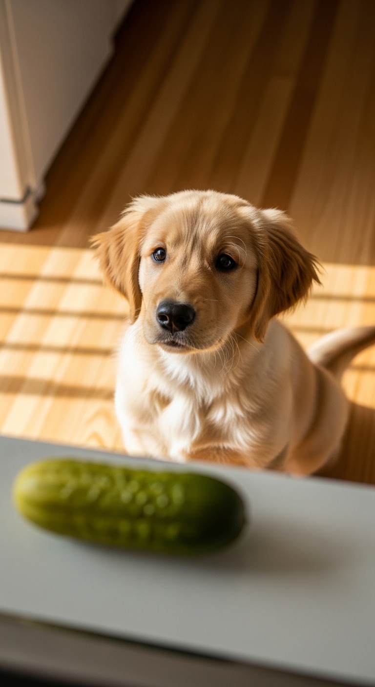 A dog looking at a pickle.