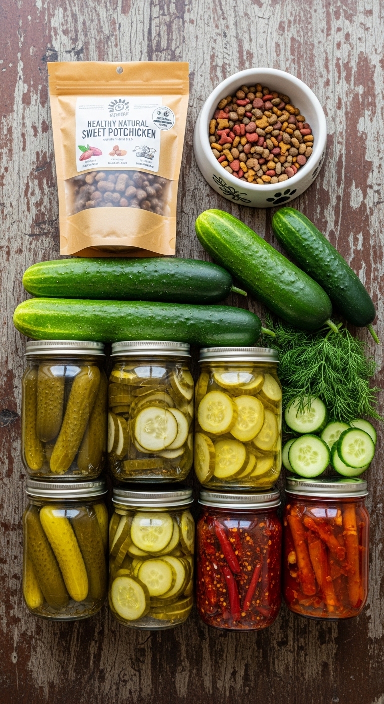 A variety of pickles and jalapenos are displayed on a table.