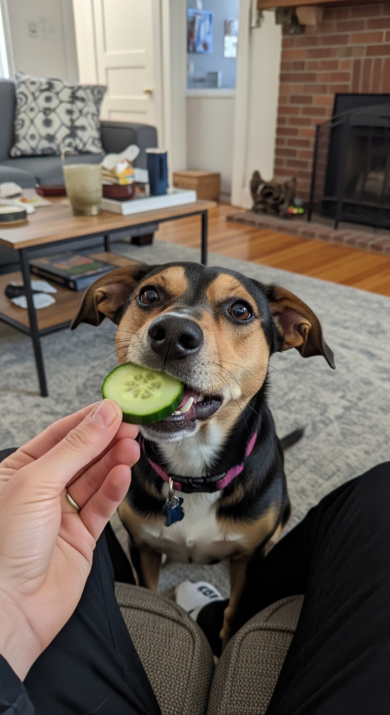 A dog eating a pickle.