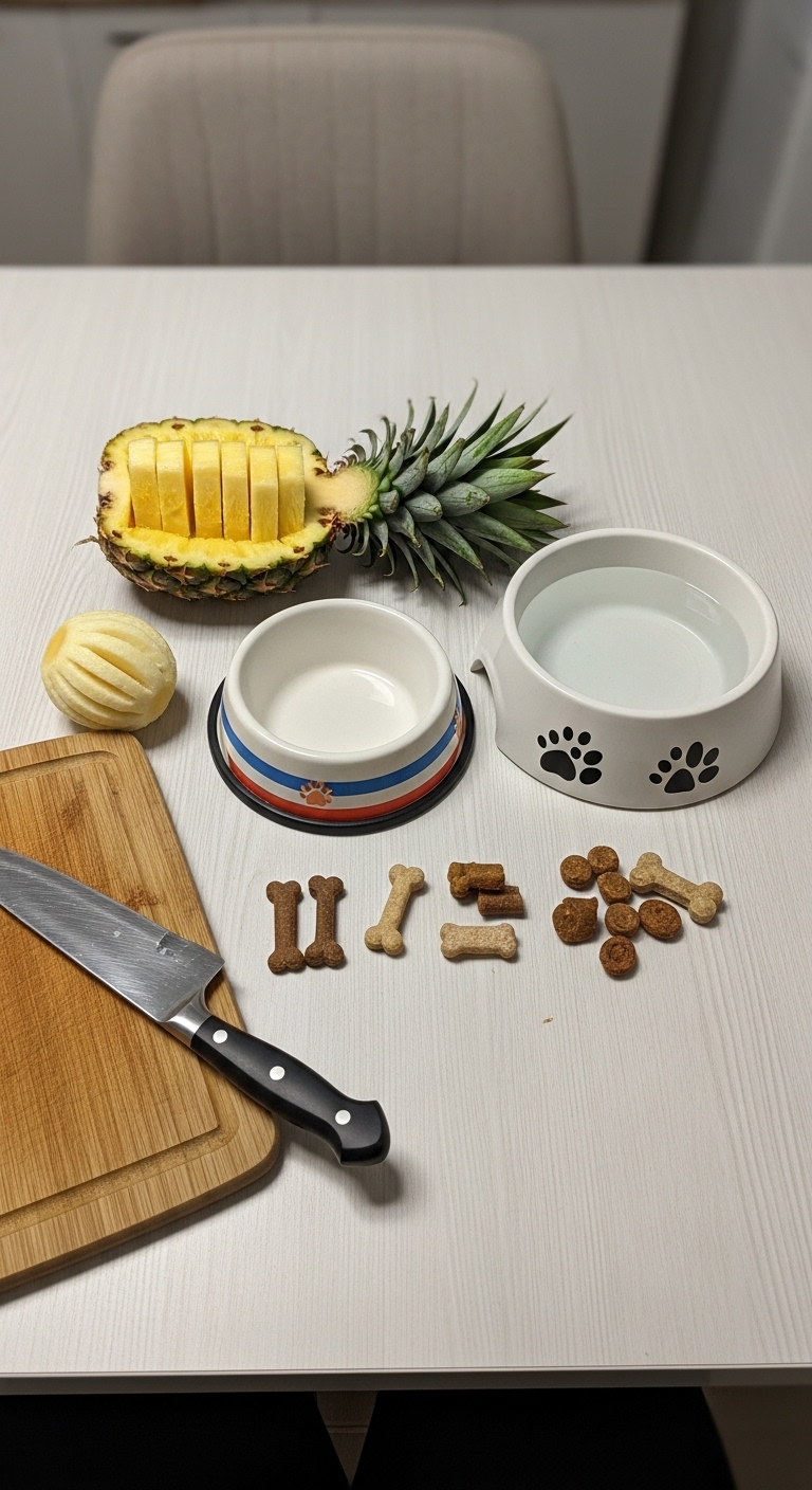A pineapple is cut in half and placed next to a bowl of dog food.