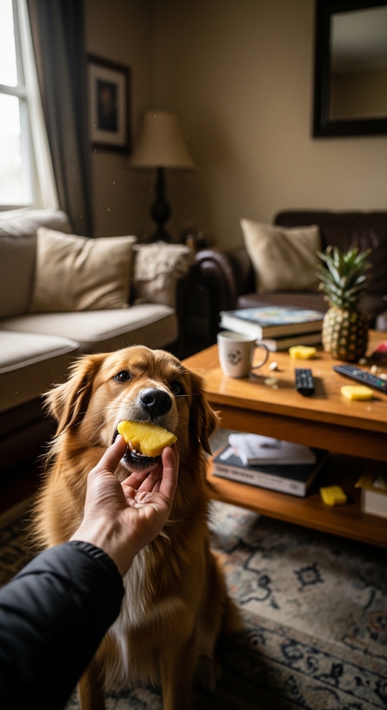 A dog eating a pineapple slice.