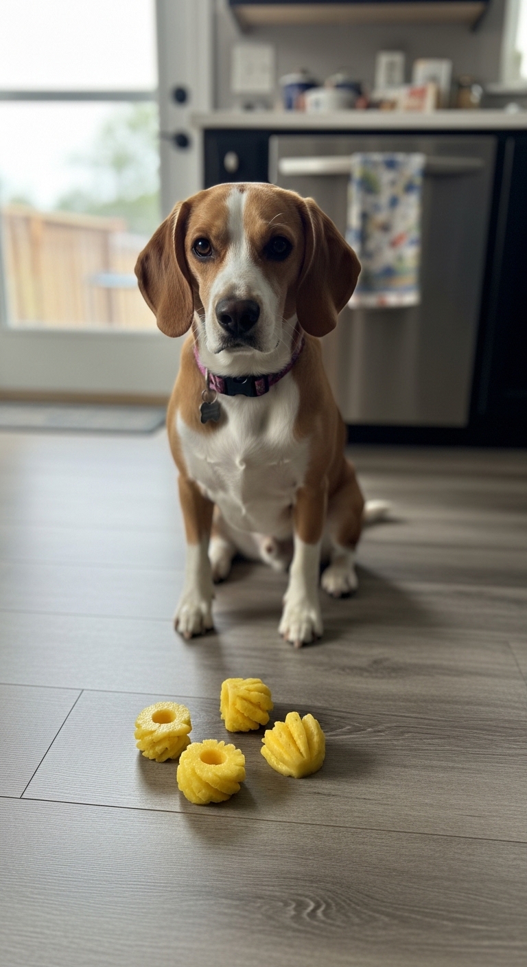 A dog sits on the floor with a pineapple in front of it.